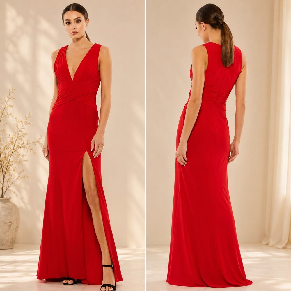 Mac Duggal 55703 Criss Cross Waist Plunging Neck Maxi Dress Red Size 2 New